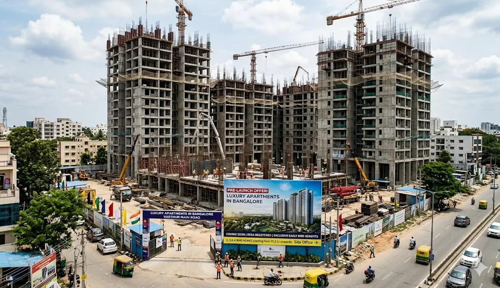 Concept 3D render of a premium pre-launch luxury township in Bangalore featuring high-rise towers and world-class clubhouses.